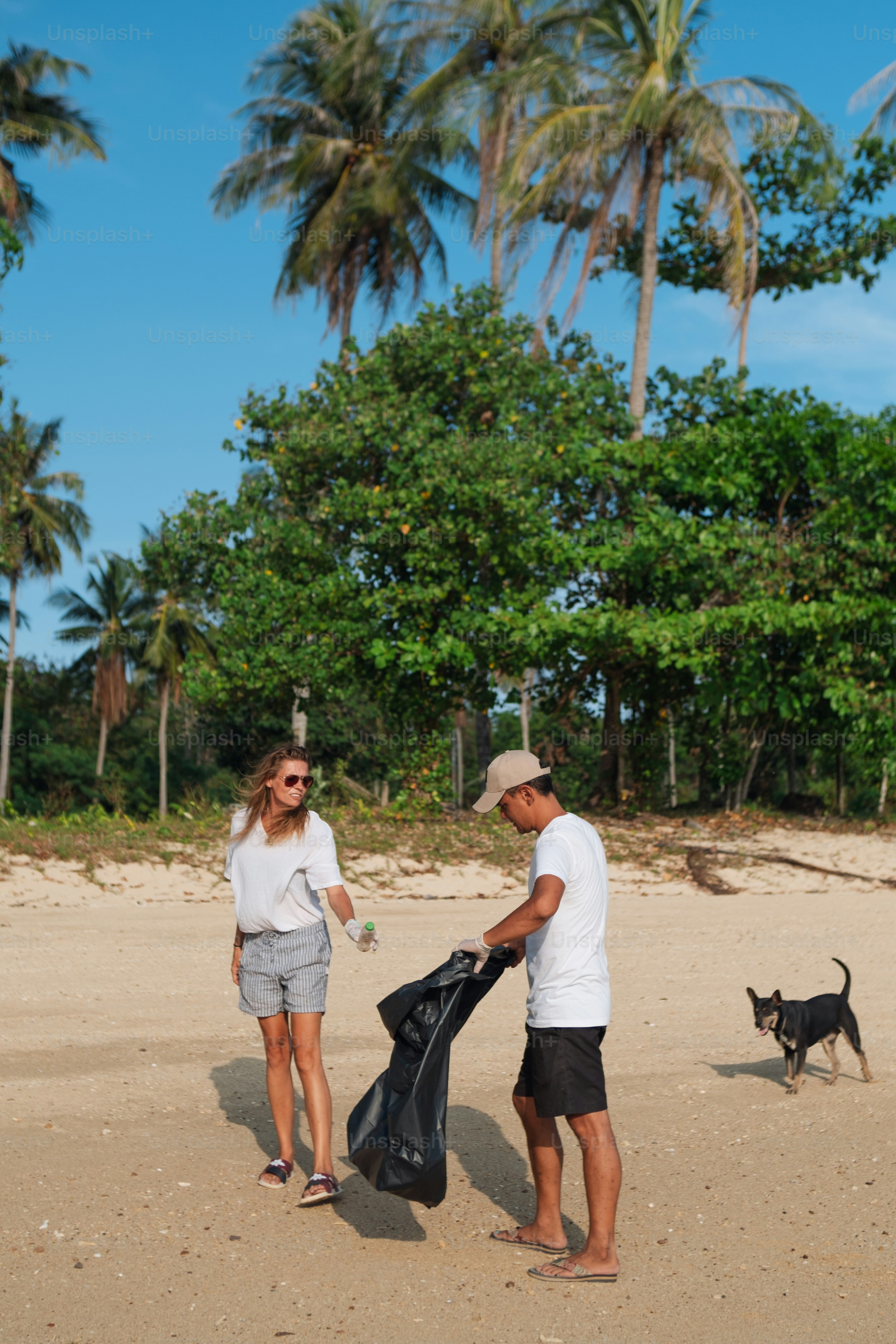 a man and a woman standing on a beach with a dog