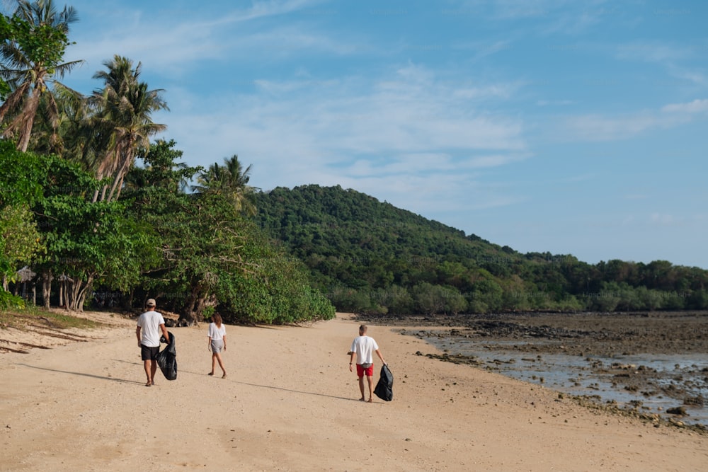 a group of people walking along a sandy beach