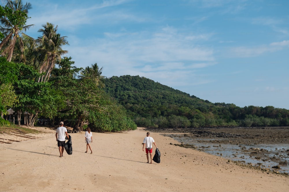 Un grupo de personas caminando por una playa de arena