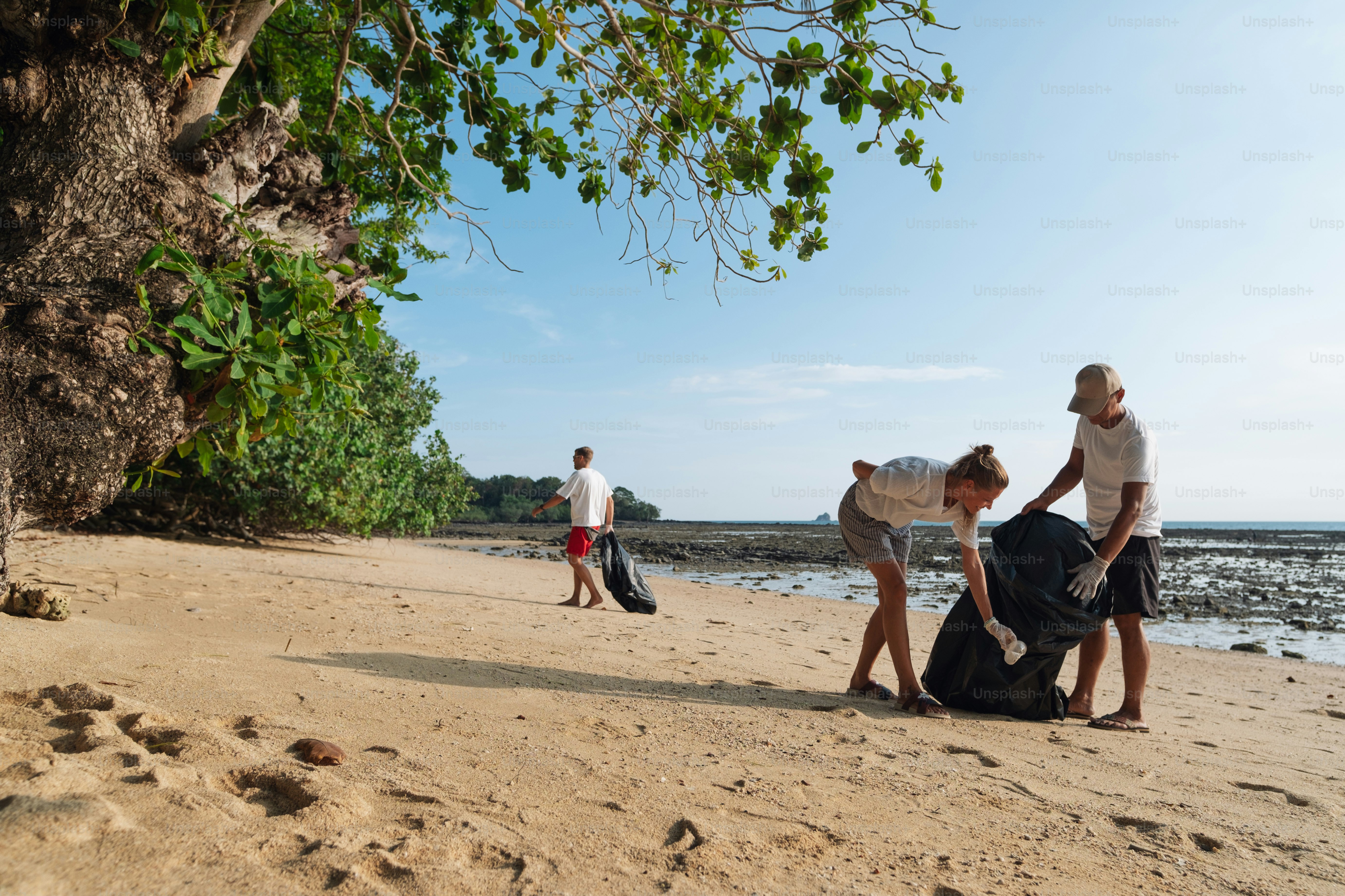 un groupe de personnes debout au sommet d’une plage de sable