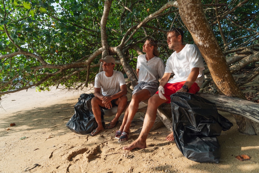 un groupe de personnes assises au sommet d’une plage de sable