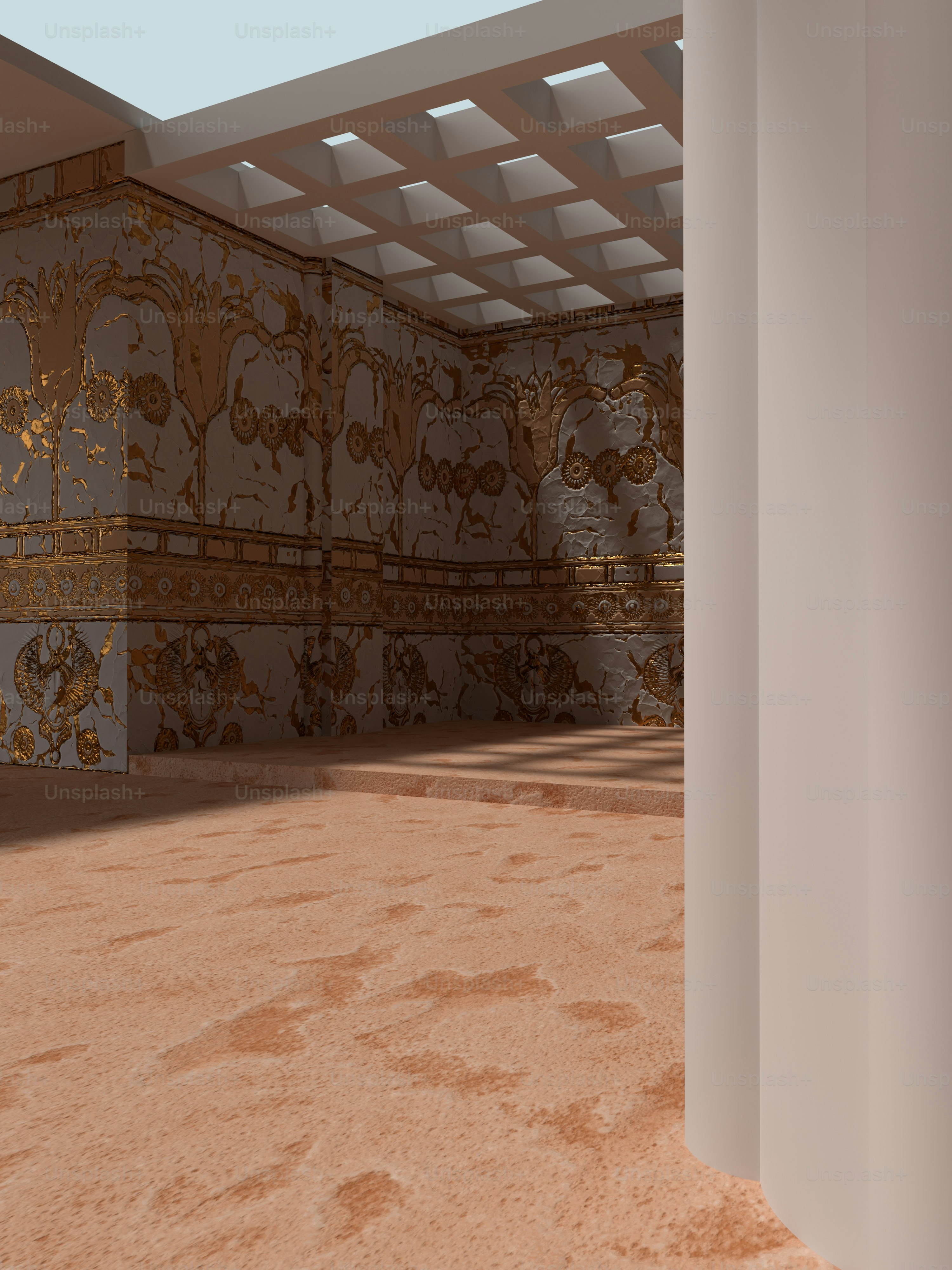 an empty room with a wallpapered wall and ceiling