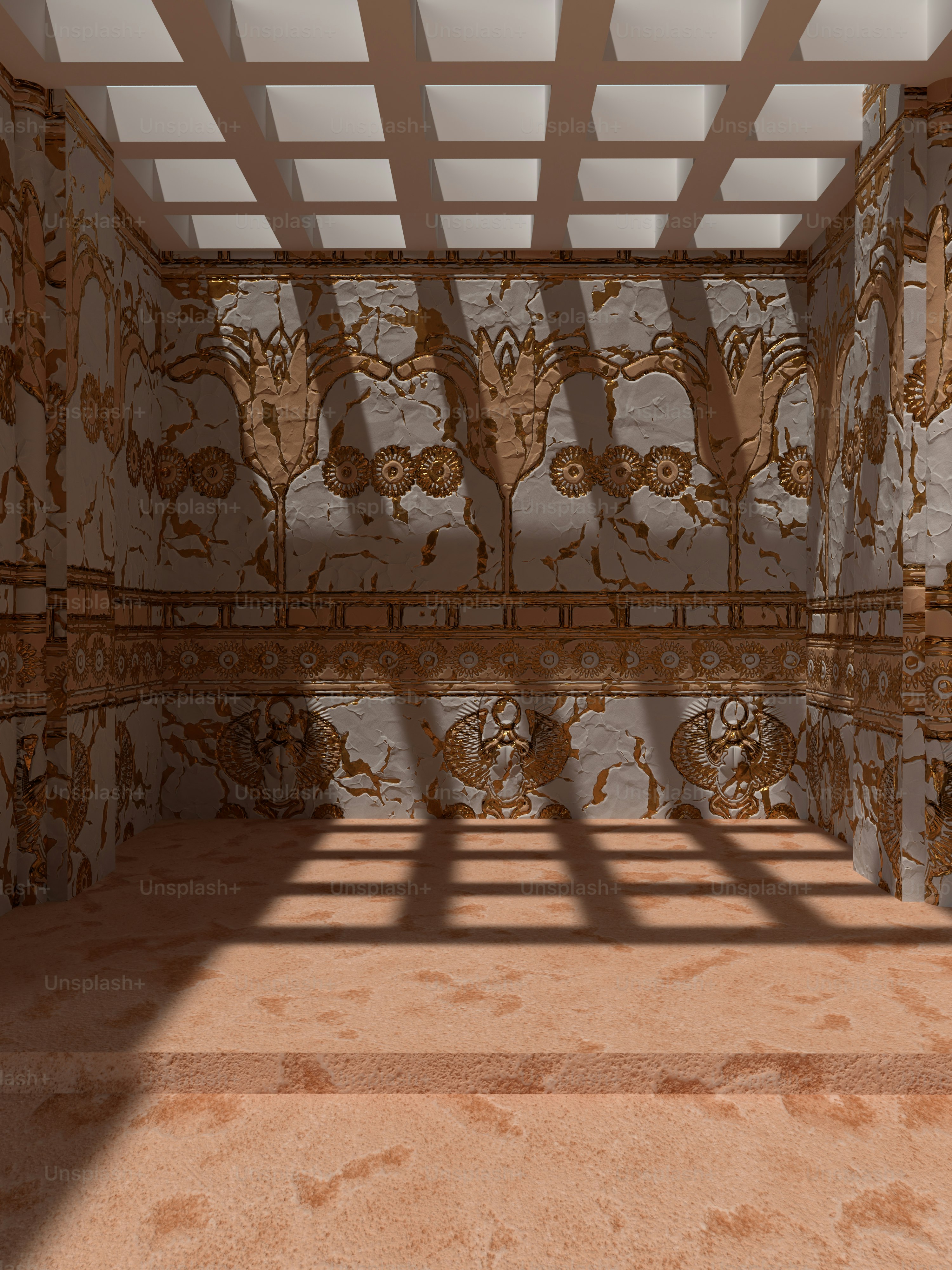 a room with a wallpapered ceiling and a window