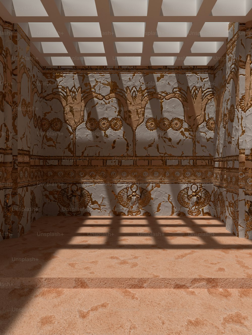 a room with a wallpapered ceiling and a window