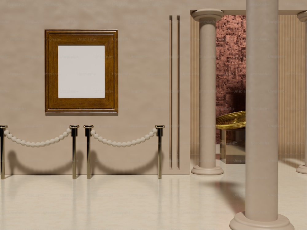 ein Raum mit Säulen, einem Bilderrahmen und einem Seil