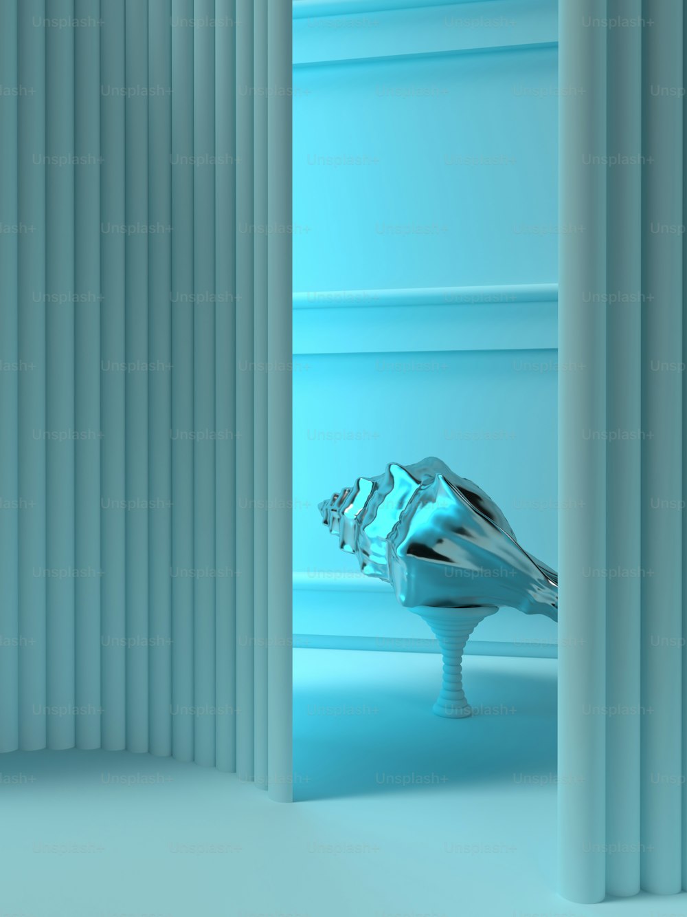 a blue room with a vase and a curtain