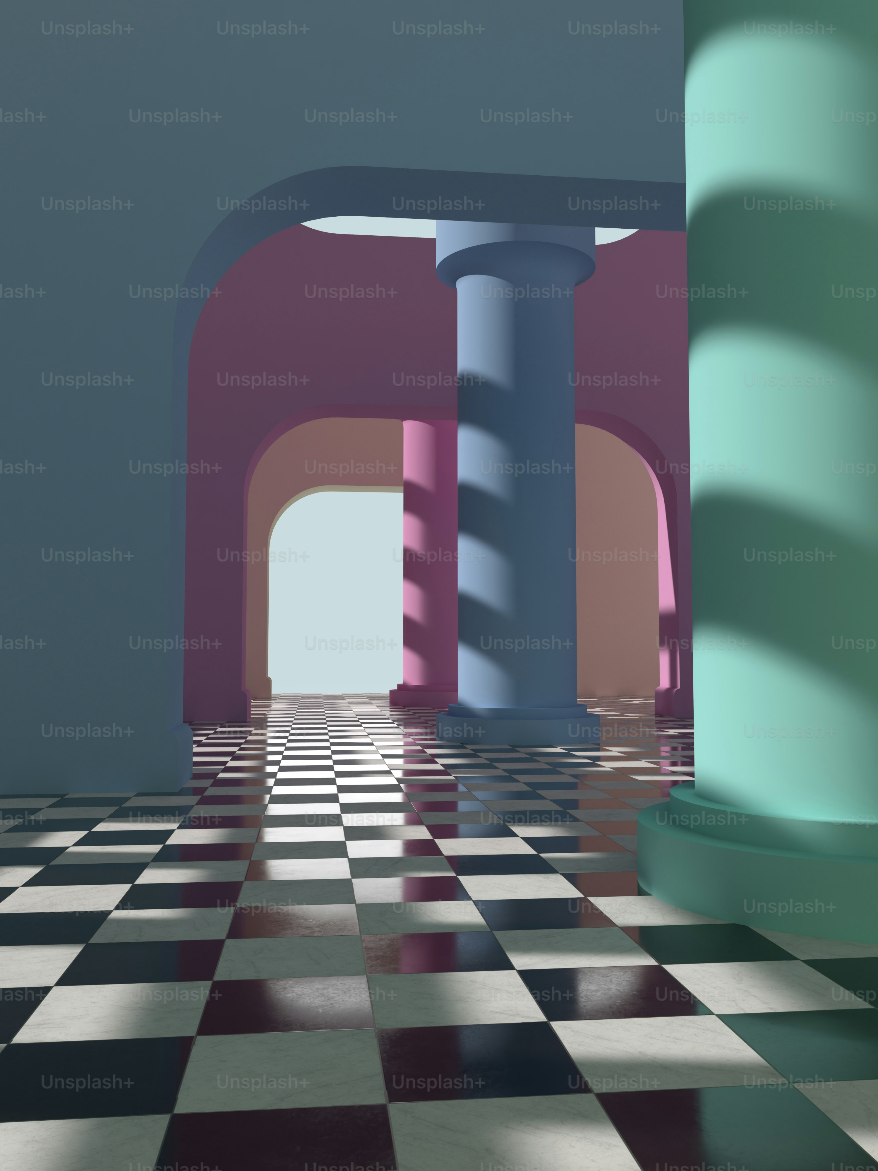 a room with a checkered floor and columns