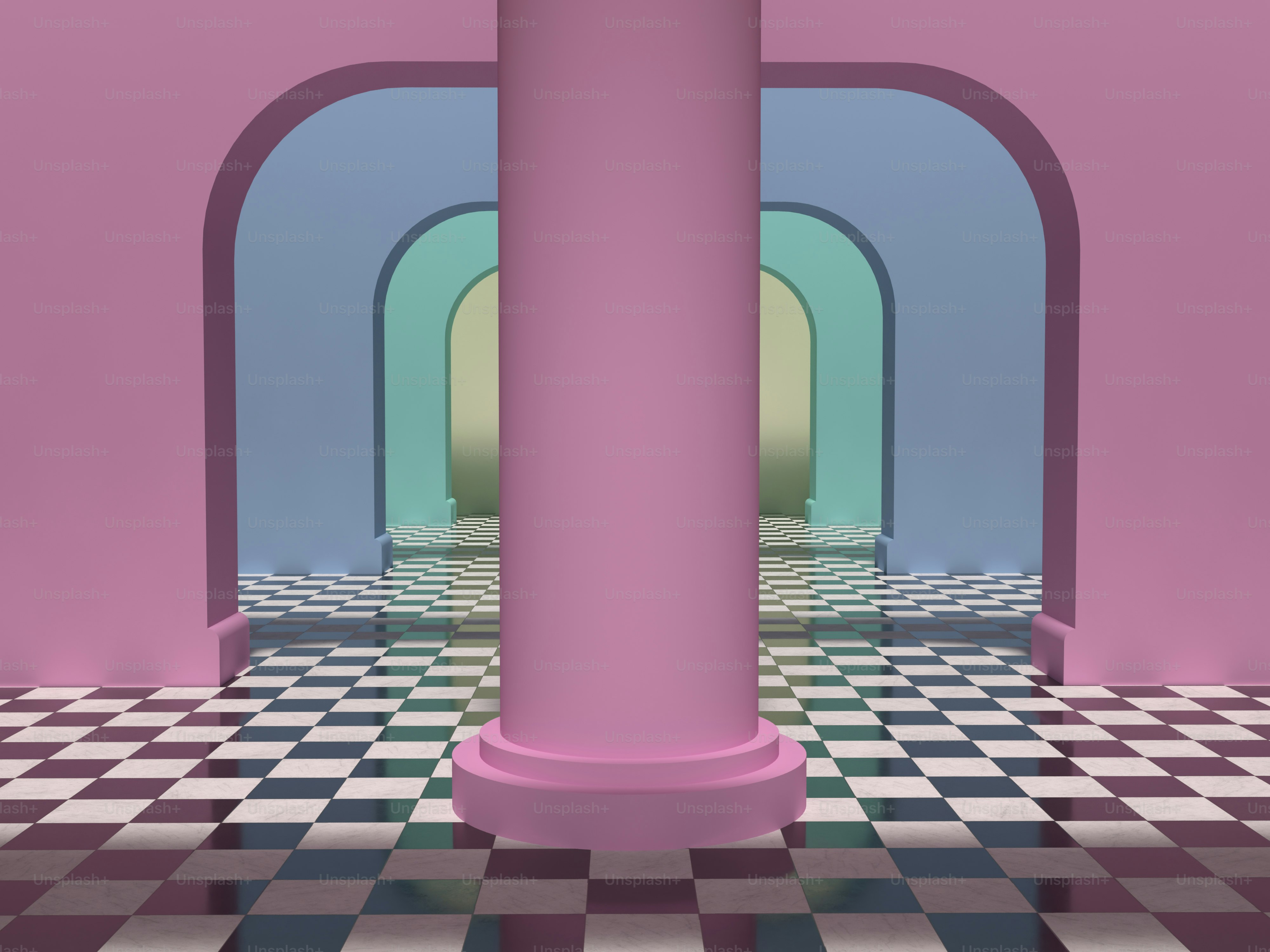 a room with a checkered floor and columns