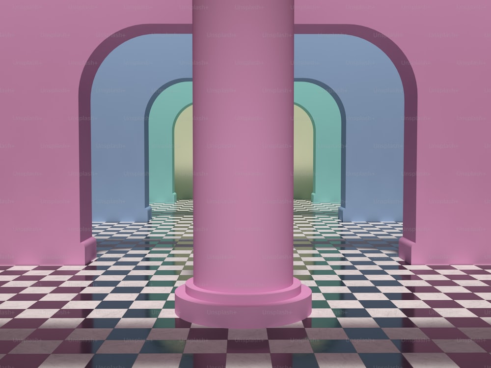 um quarto com piso xadrez e colunas