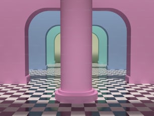 una stanza con pavimento a scacchi e colonne