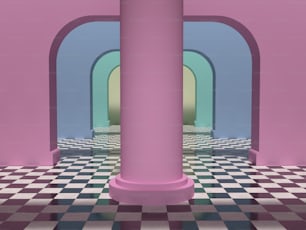 a room with a checkered floor and columns