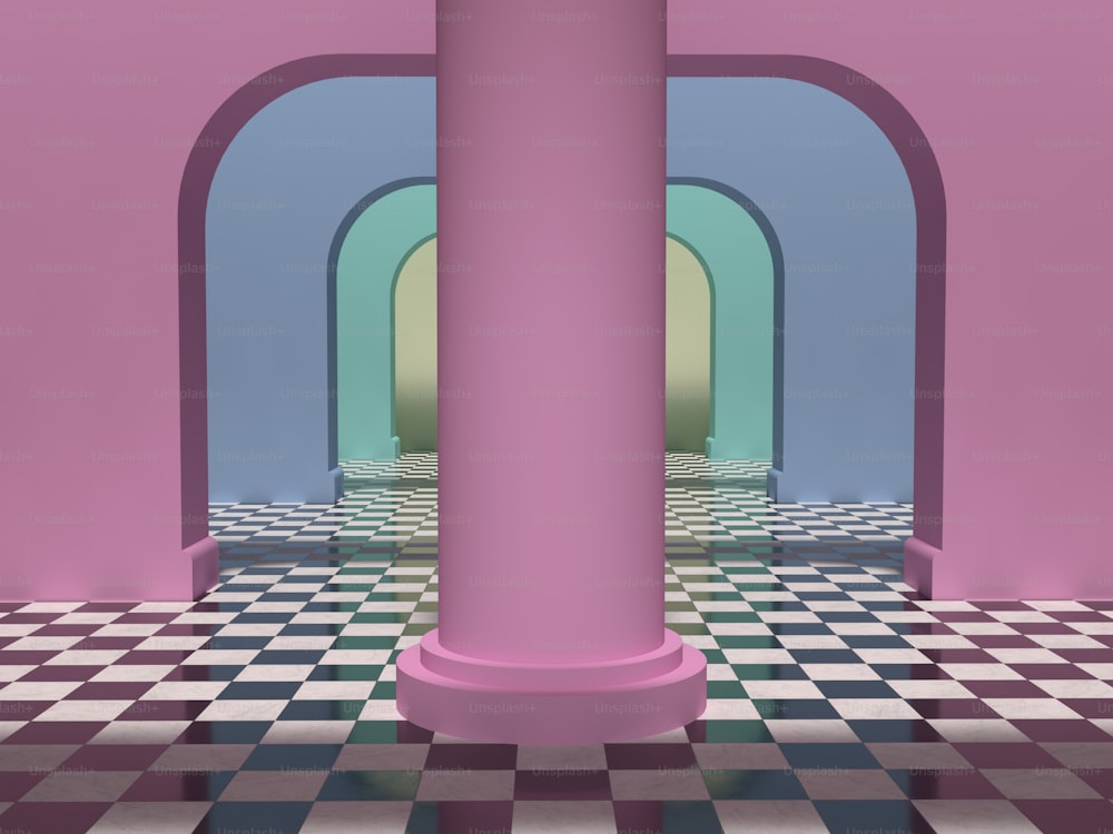 a room with a checkered floor and columns