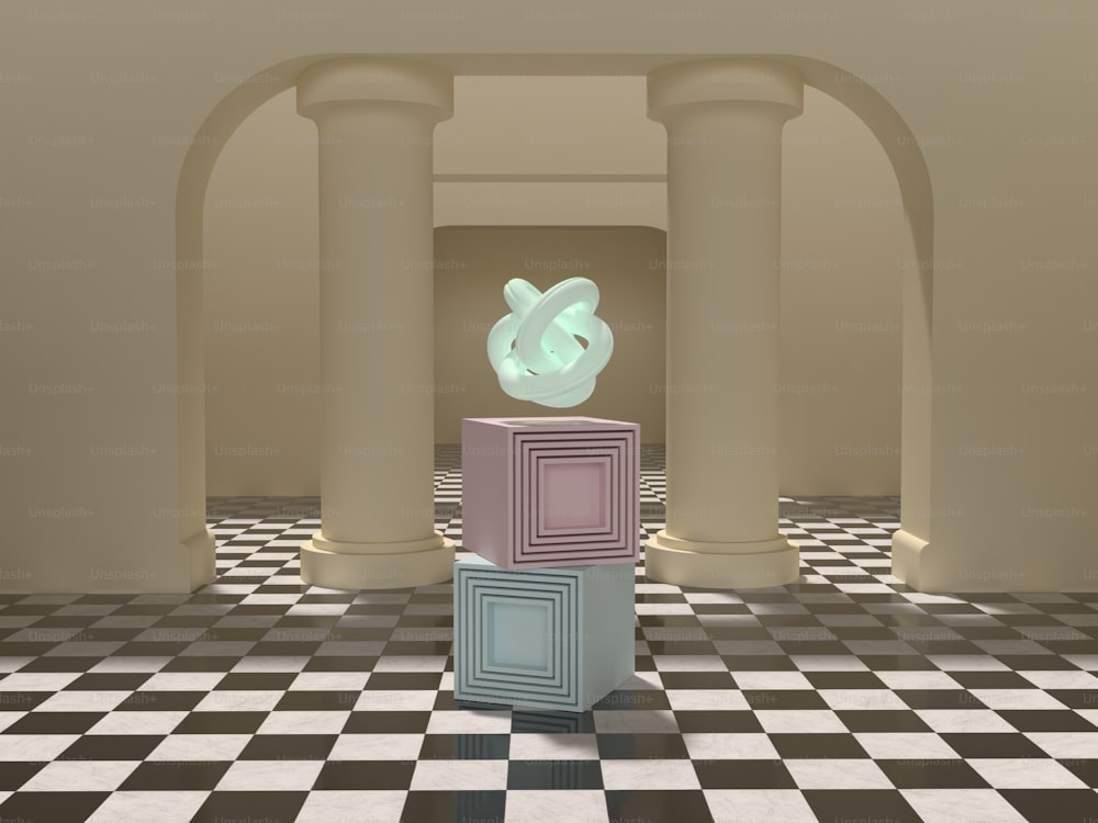 um quarto com piso xadrez e colunas