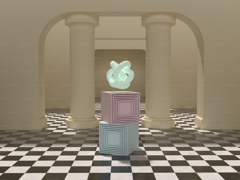 a room with a checkered floor and columns