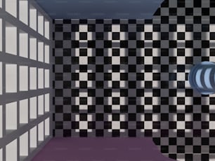 uma imagem gerada por computador de uma sala com uma parede quadriculada