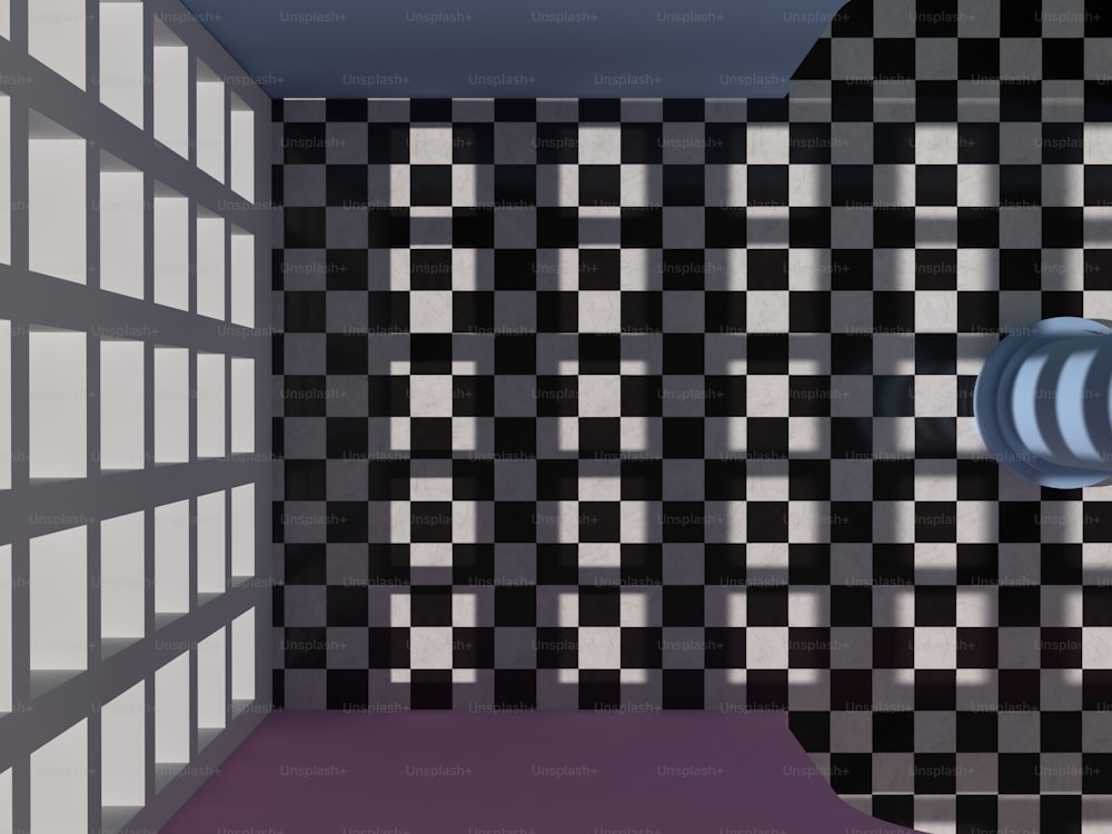 a computer generated image of a room with a checkered wall