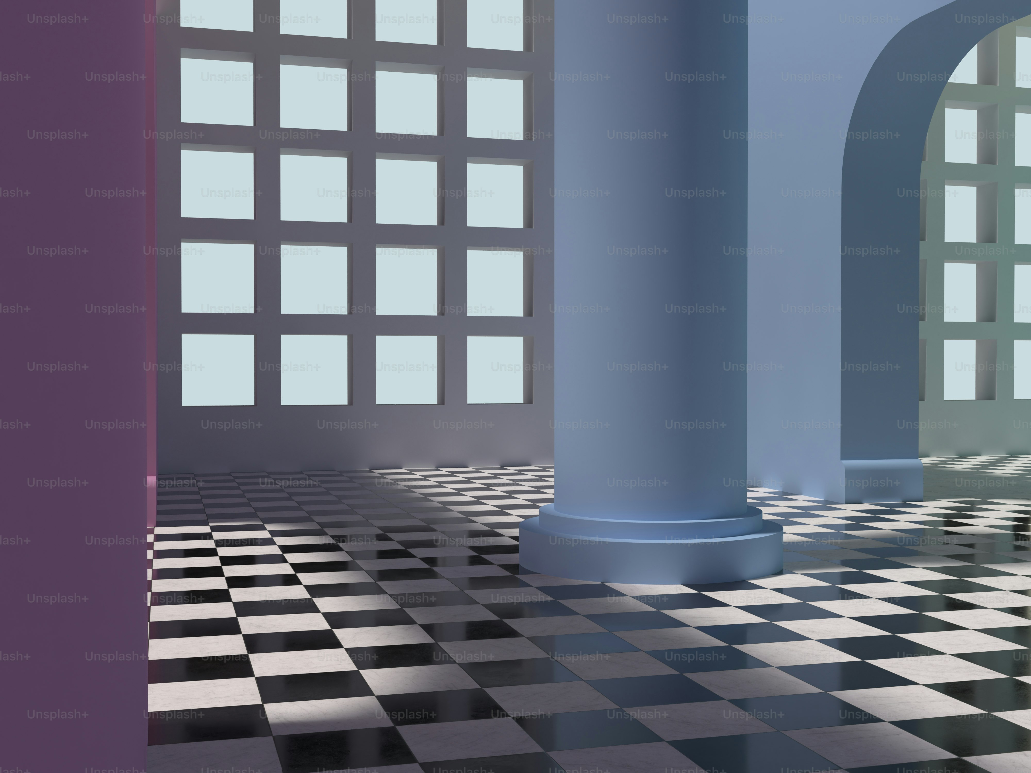 a room with a checkered floor and columns