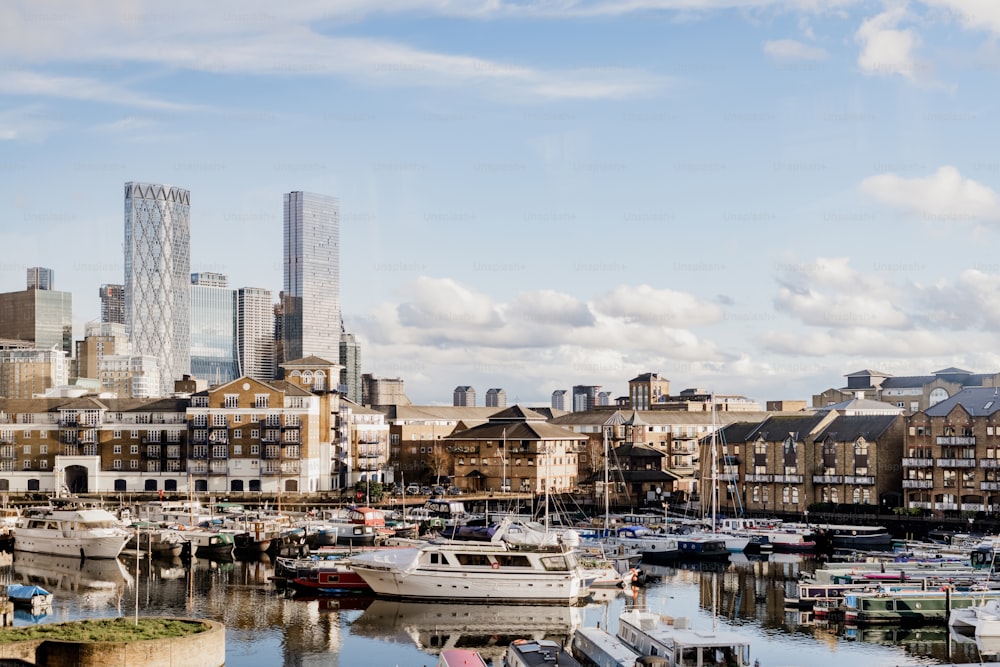 Ein Hafen mit vielen Booten neben hohen Gebäuden