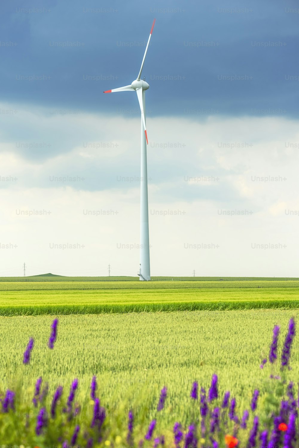 Una turbina eolica nel mezzo di un campo verde