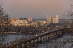 a bridge over a body of water with a city in the background