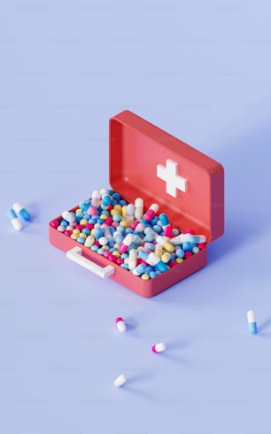 a red first aid box filled with pills