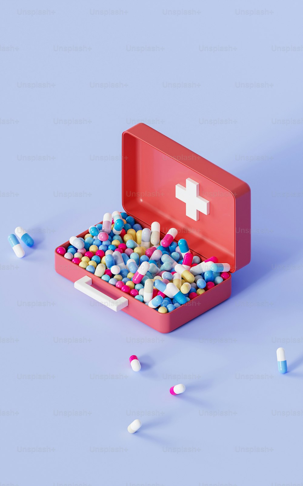 a red first aid box filled with pills