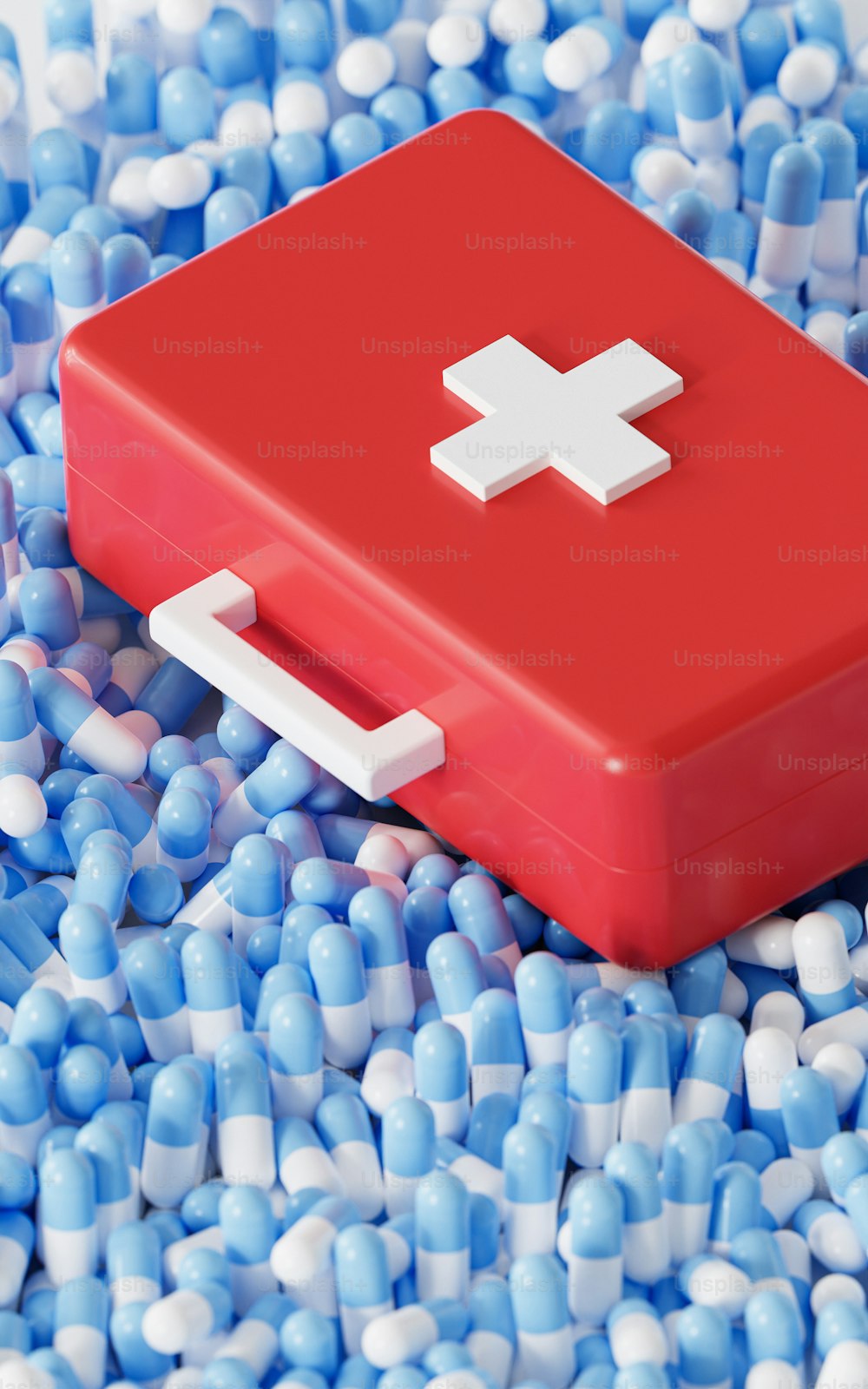 a red box with a white cross on it surrounded by blue and white pills