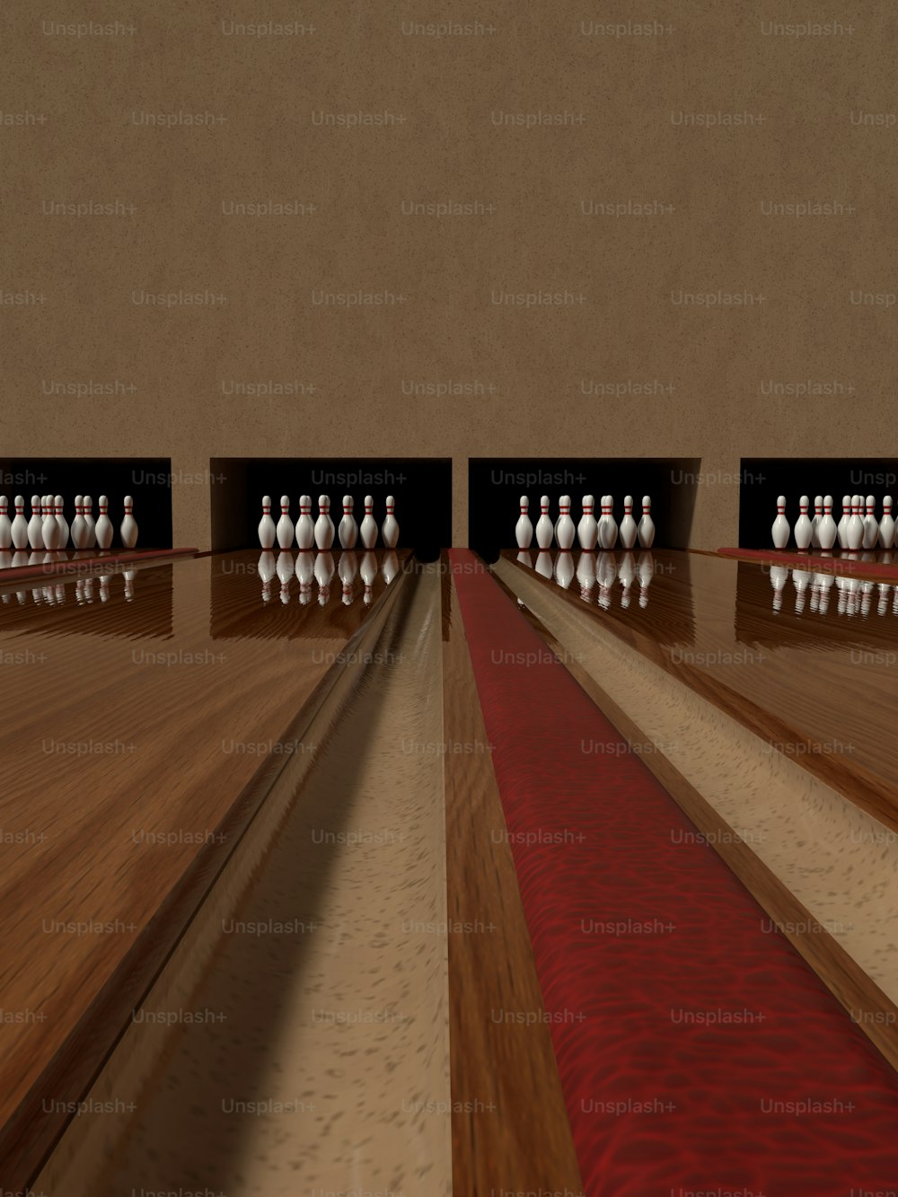 a row of bowling pins in a bowling alley