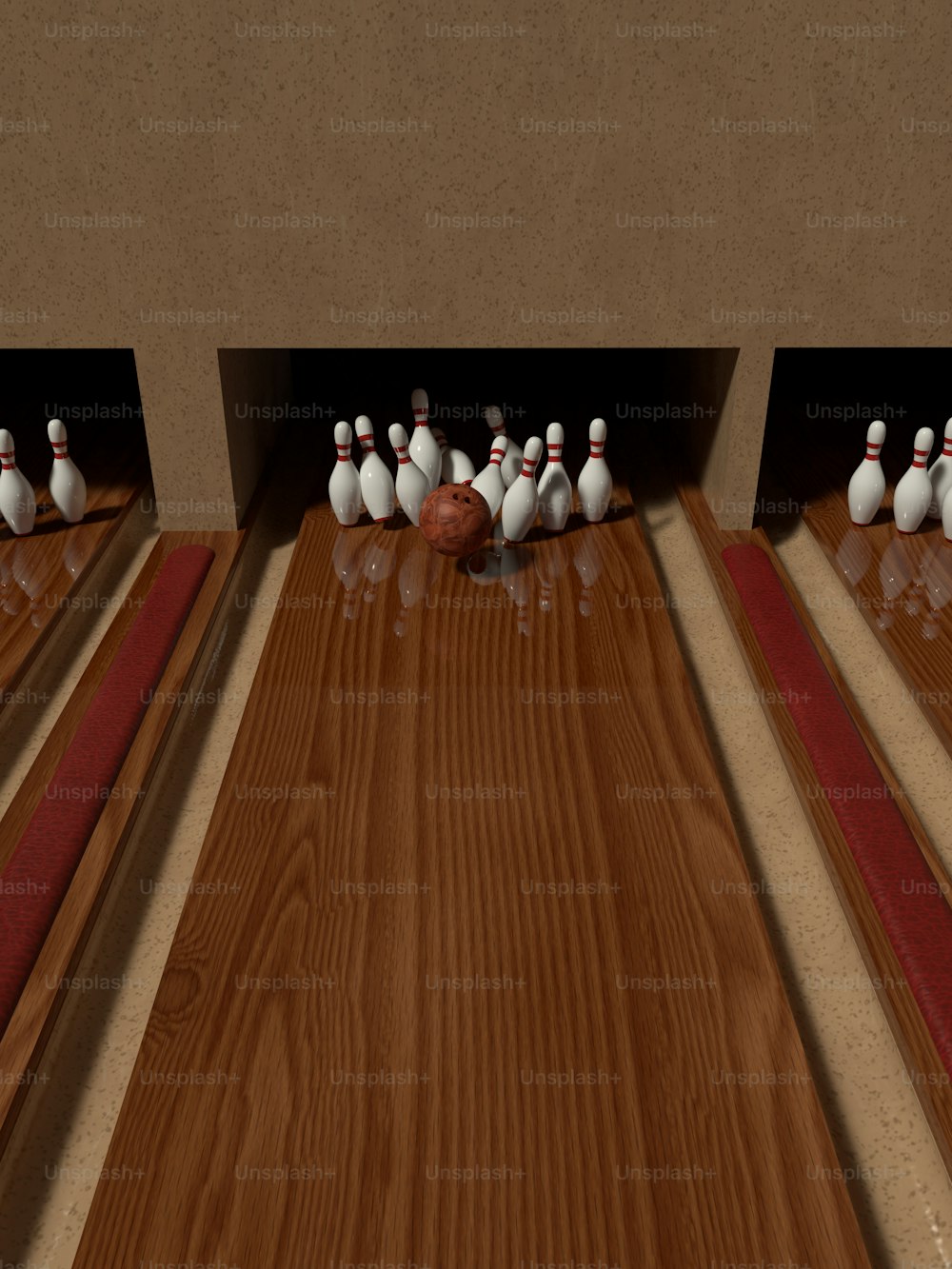 a group of bowling pins sitting on top of a wooden floor