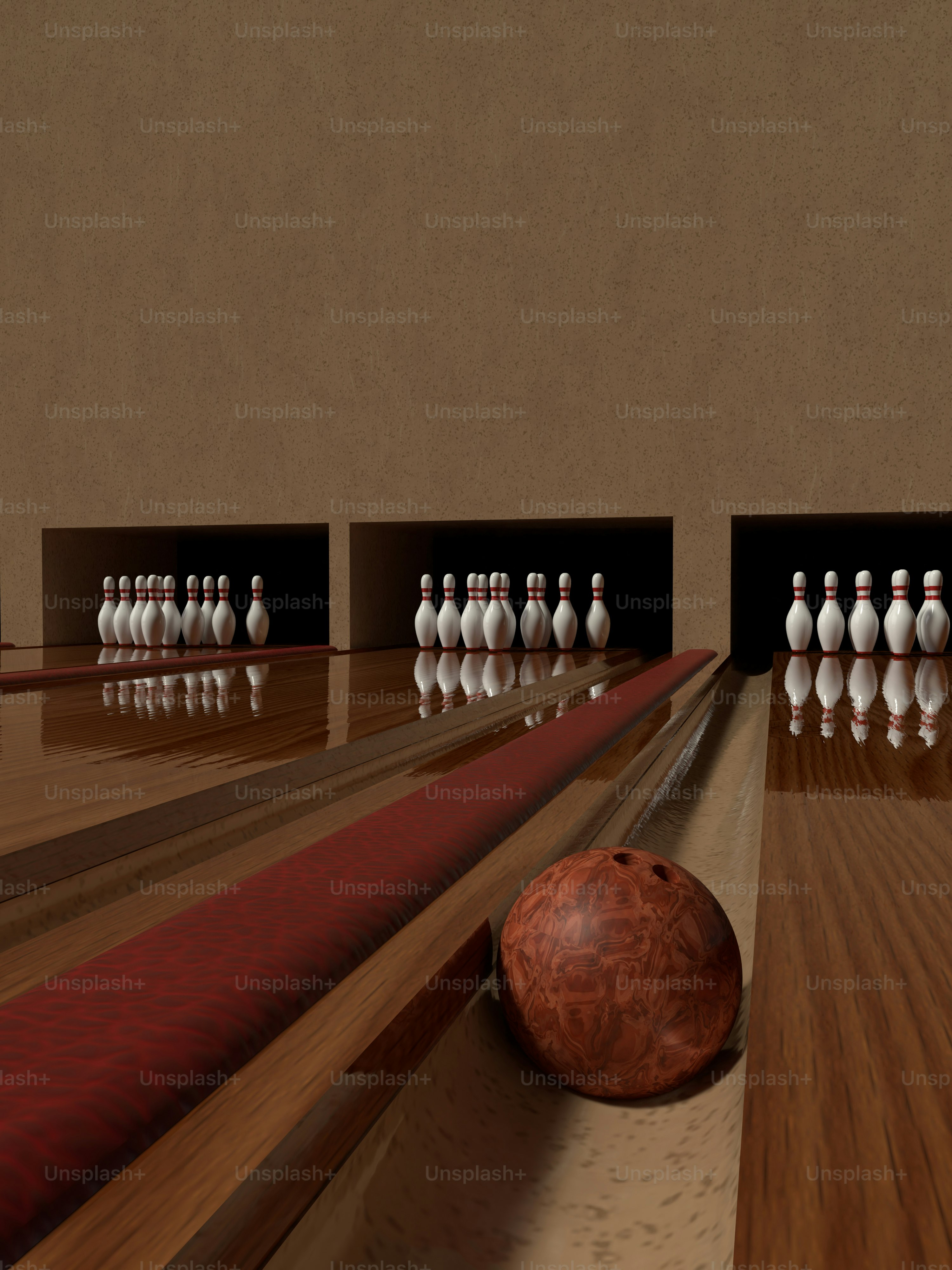 A group of bowling pins and a bowling ball photo
