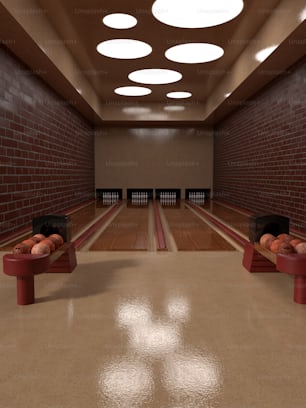 a bowling alley filled with bowling balls and benches