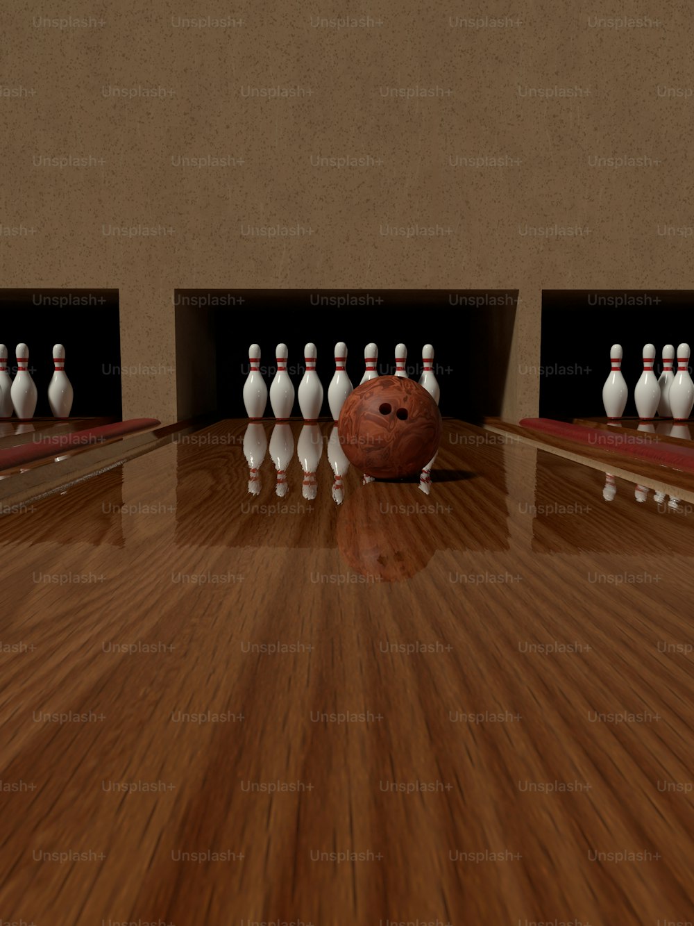 eine Gruppe von Bowling-Pins und eine Bowlingkugel
