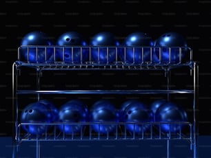 a rack with blue bowling balls in it
