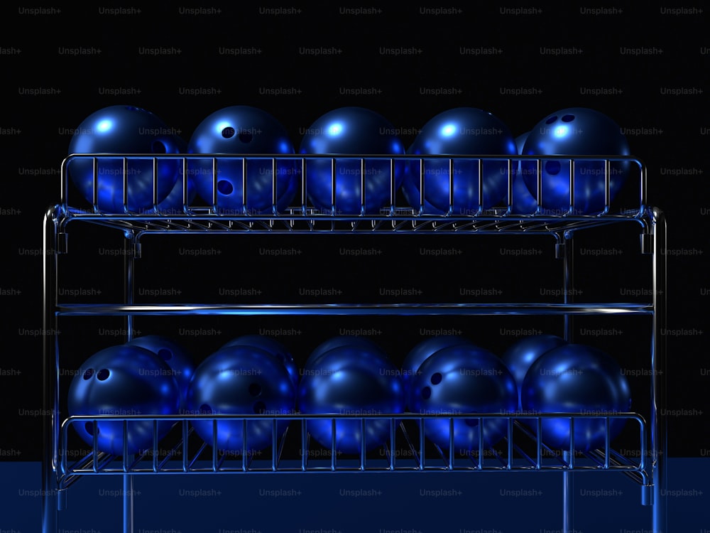 a rack with blue bowling balls in it