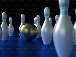 a group of bowling pins and a bowling ball