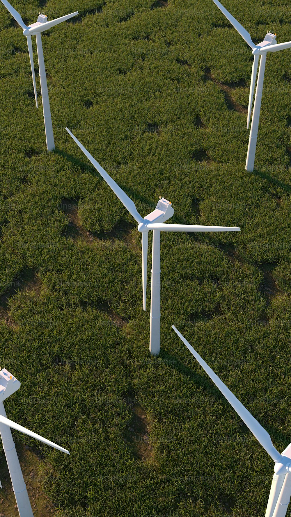 um grupo de turbinas eólicas em um campo gramado