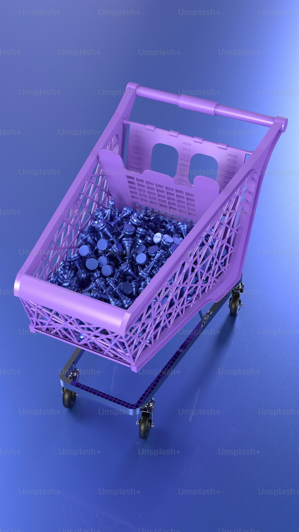 Un carrito de compras púrpura lleno de muchos tornillos
