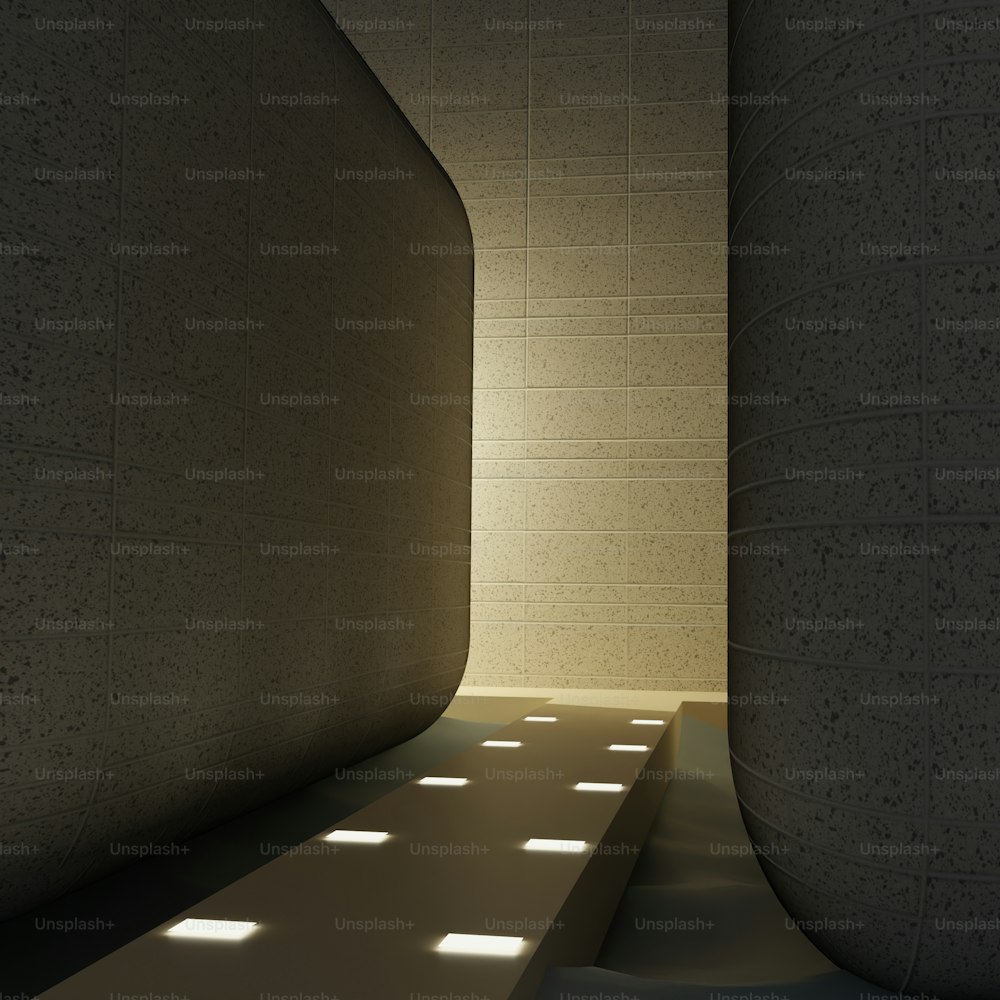 a dimly lit hallway between two concrete pillars