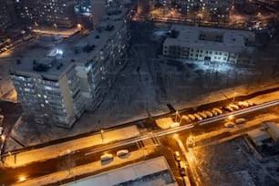 an aerial view of a city at night