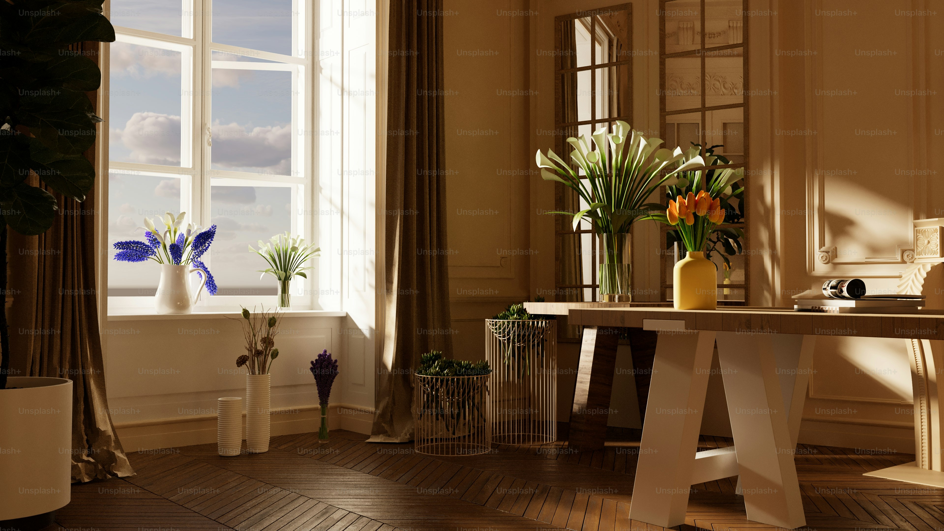 A table with vases of flowers on it in a room photo – Interior design ...