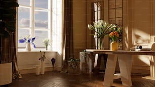 una mesa con jarrones de flores en una habitación