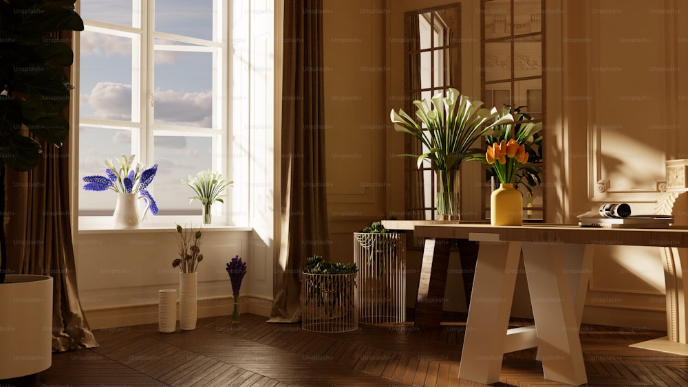 a table with vases of flowers on it in a room