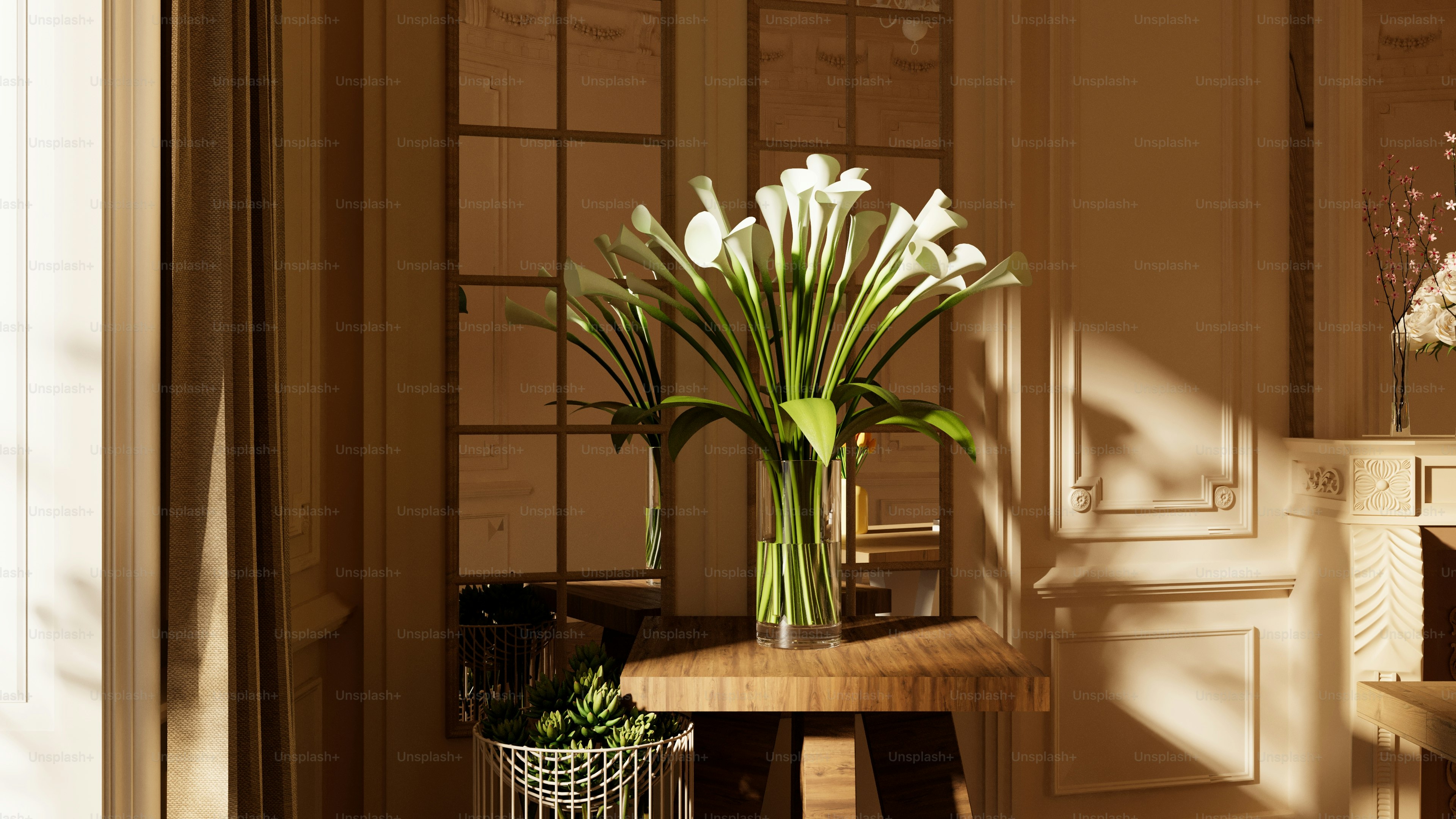un jarrón de flores en una mesa en una habitación