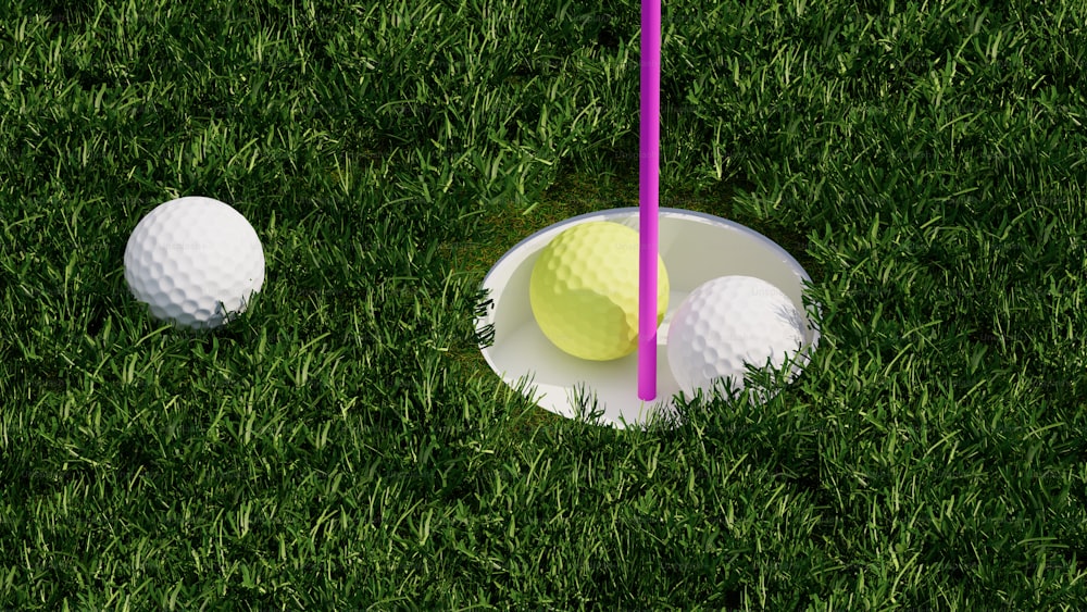 두 개의 골프 공과 잔디에 보라색 티