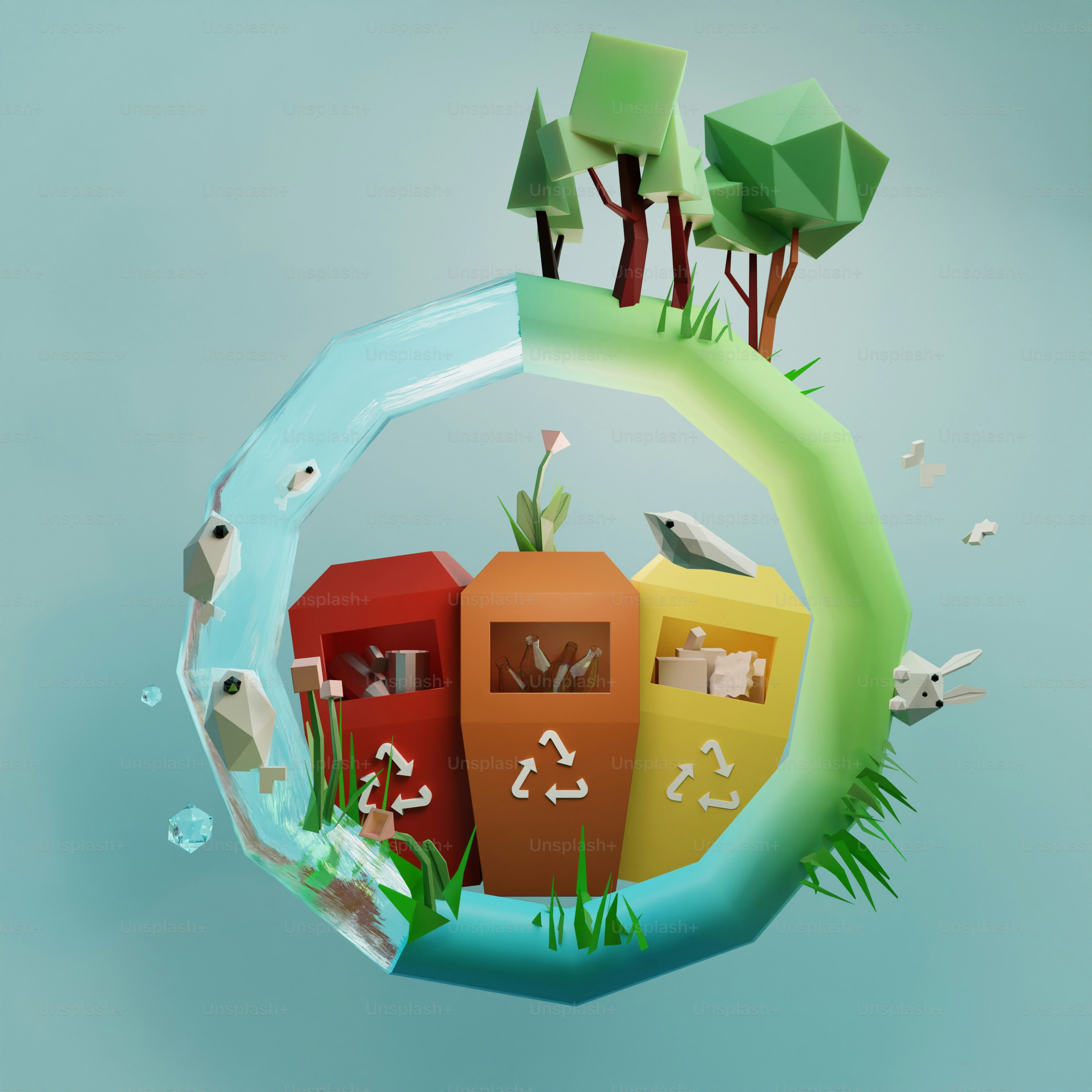 a stylized set of 3D illustrations - *keeping our planet from rubbish and pollution*