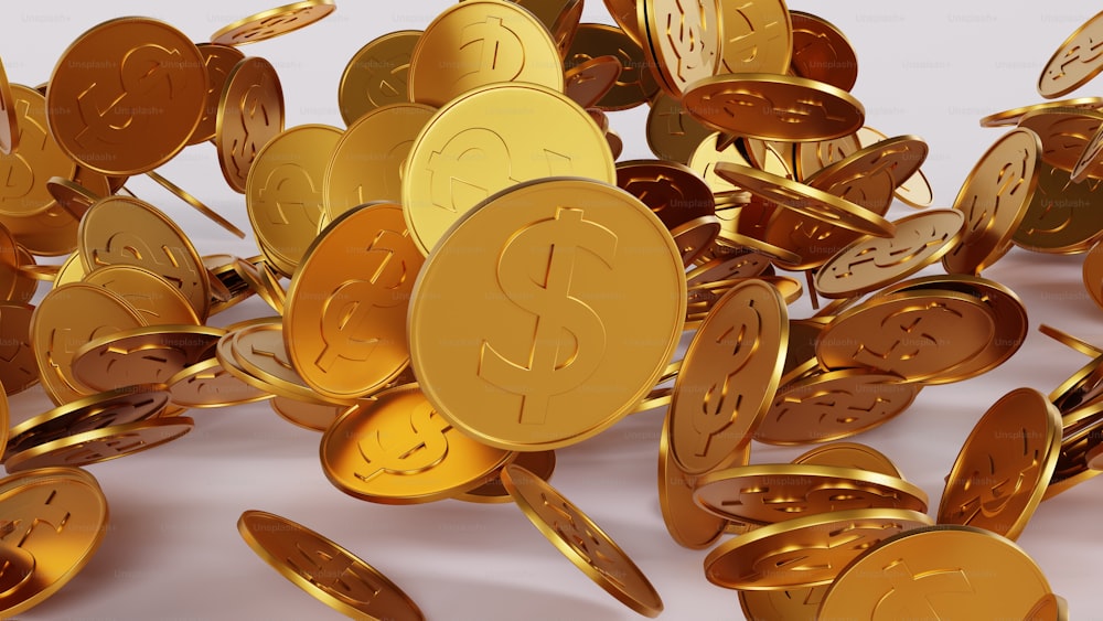 a pile of gold coins on a white background
