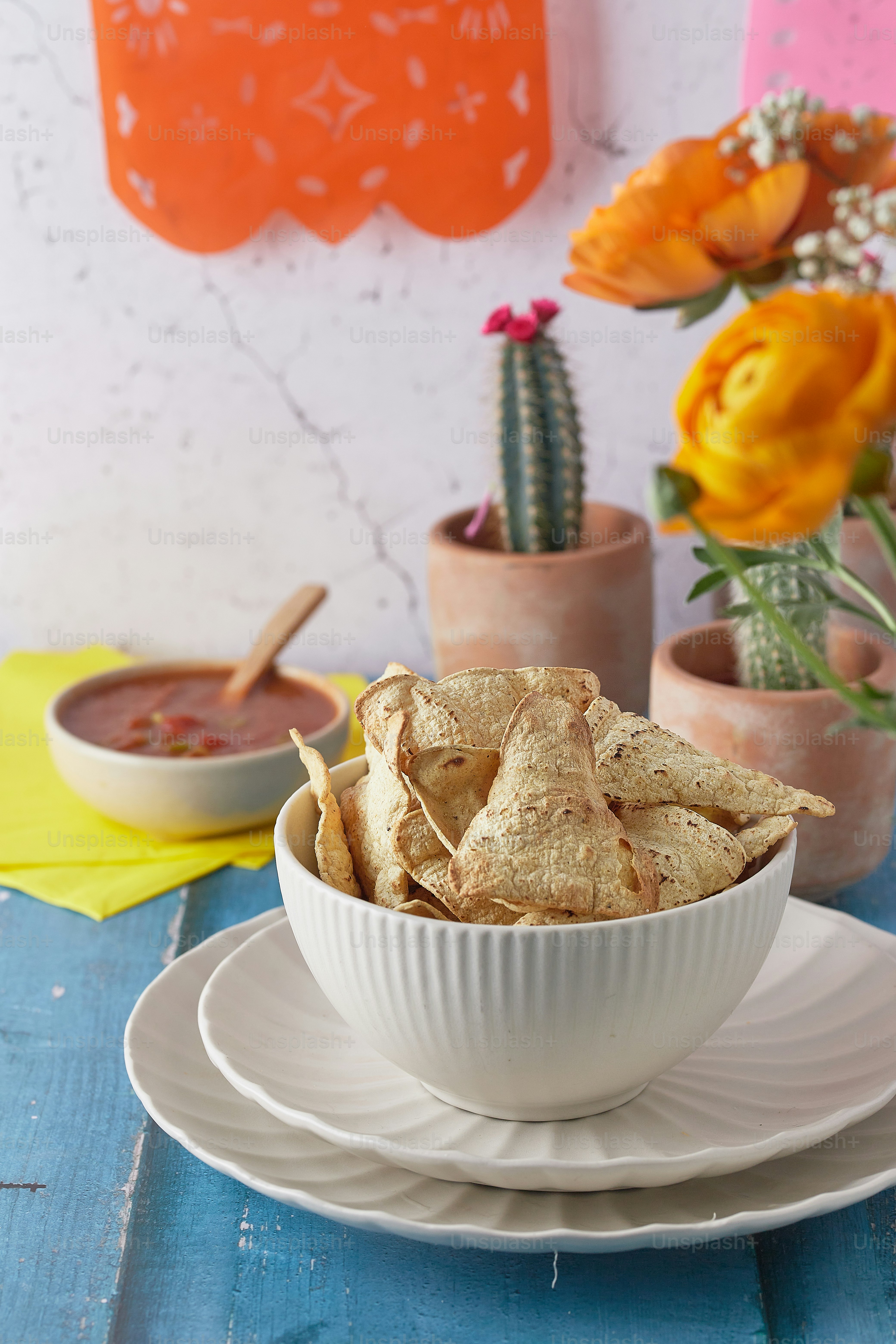 Eine Schüssel Tortilla-Chips auf einem Teller