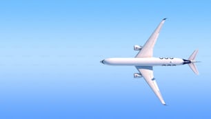 Un gran avión de pasajeros volando a través de un cielo azul