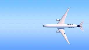 a large passenger jet flying through a blue sky