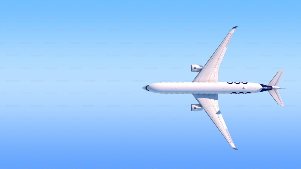 Ein großes Passagierflugzeug fliegt durch einen blauen Himmel